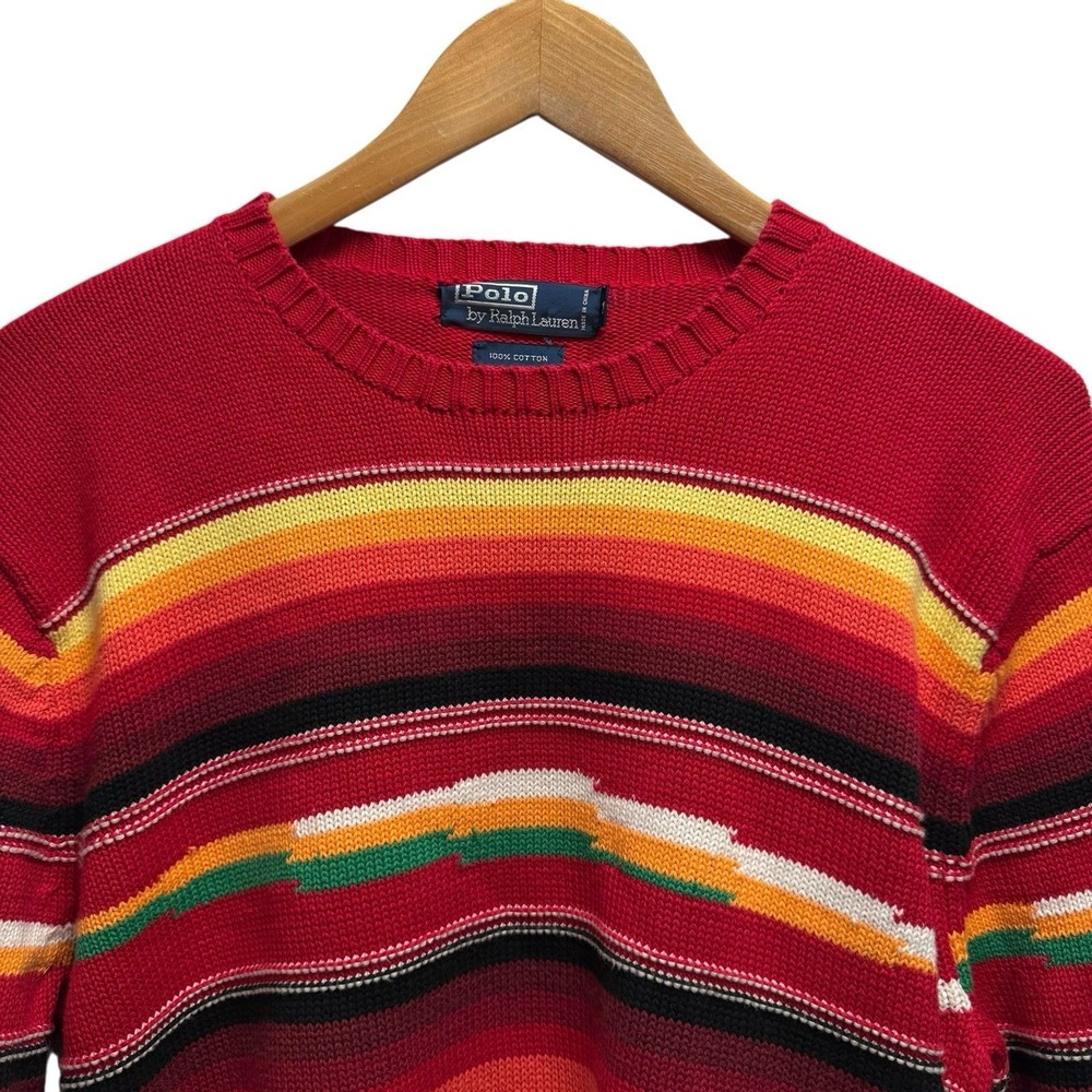 Polo Ralph Lauren Men's Medium Red Multicolor‎ Striped Aztec Cotton Knit Sweater